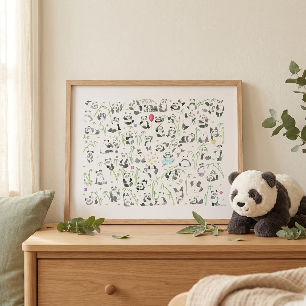 affiche representant des pandas encadrée en bois naturel avec doudou dans chambre enfant