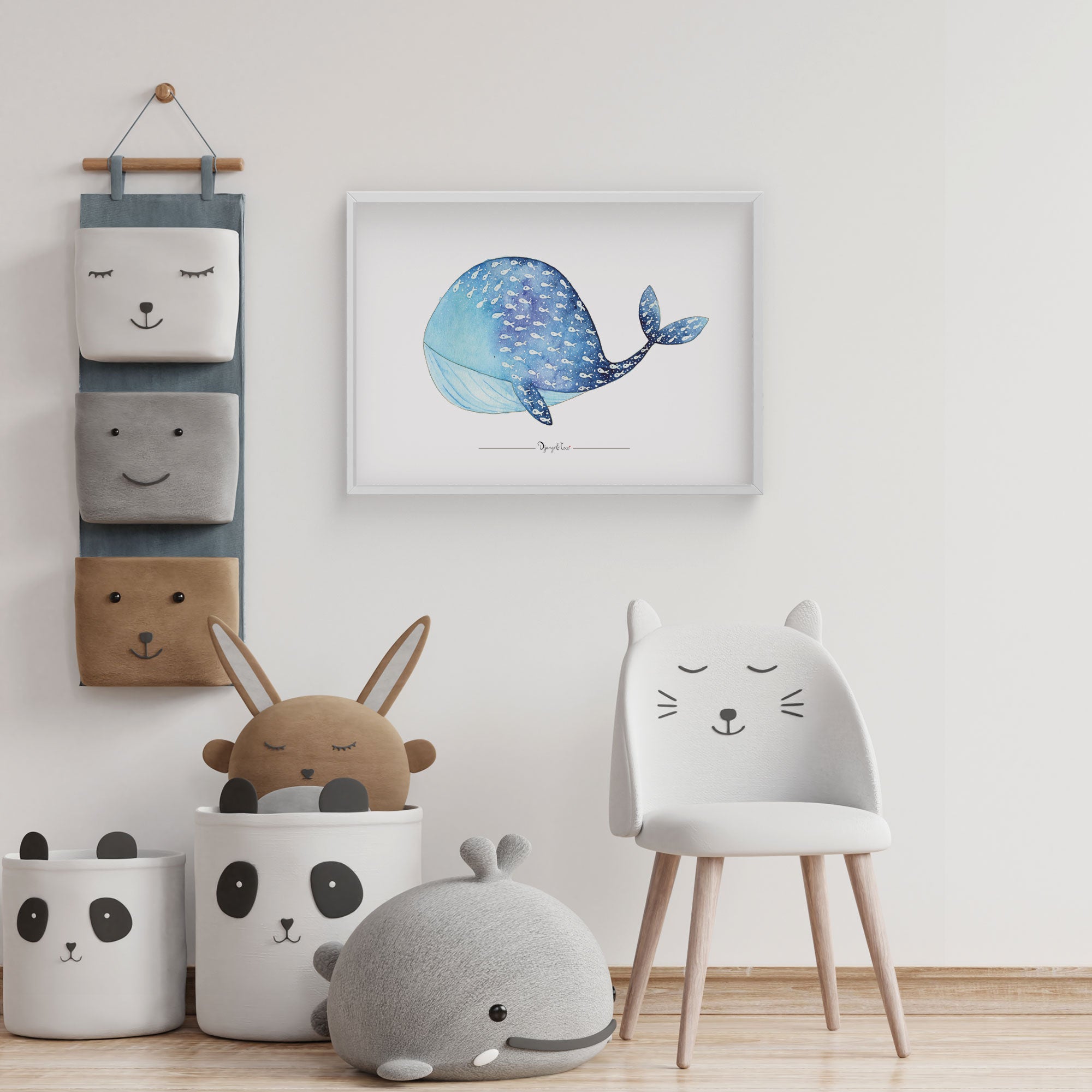 Affiche Aquarelle - Marcel la Baleine Bleu - Decoration Chambre d'Enfant